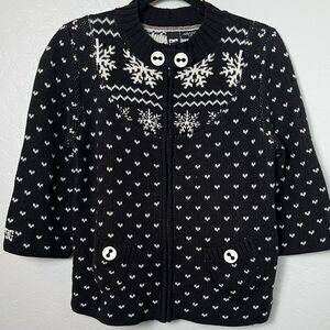 DC Snowflake Cardigan Sweater L Black White Knit Zip Up Cozy Y2K